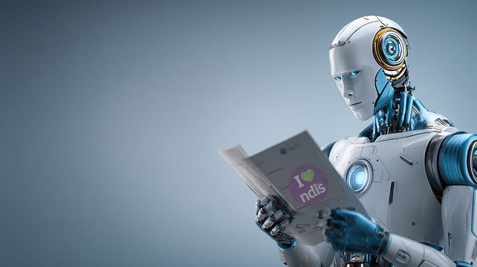 Robot holidng a sheaf of papers wtih an NDIS logo on them