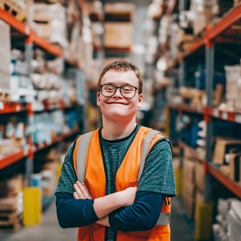autistic male looking smilling, standing in a warehouse