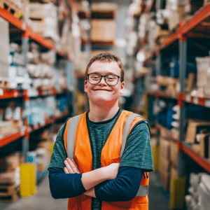 autistic male looking smilling, standing in a warehouse