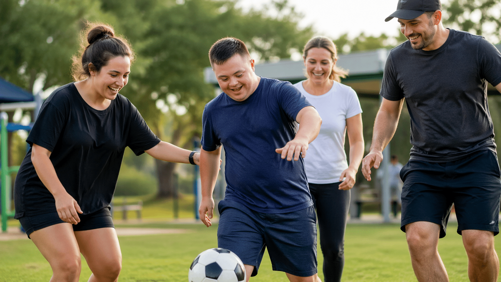 person with intellectual disability playing football with support workers