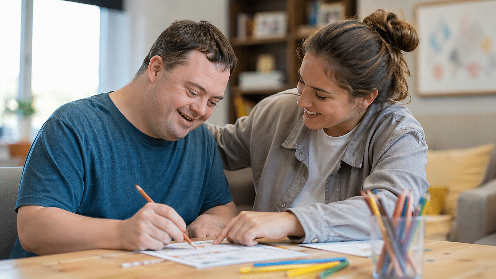 carer is helping a intellectually diabled person to write