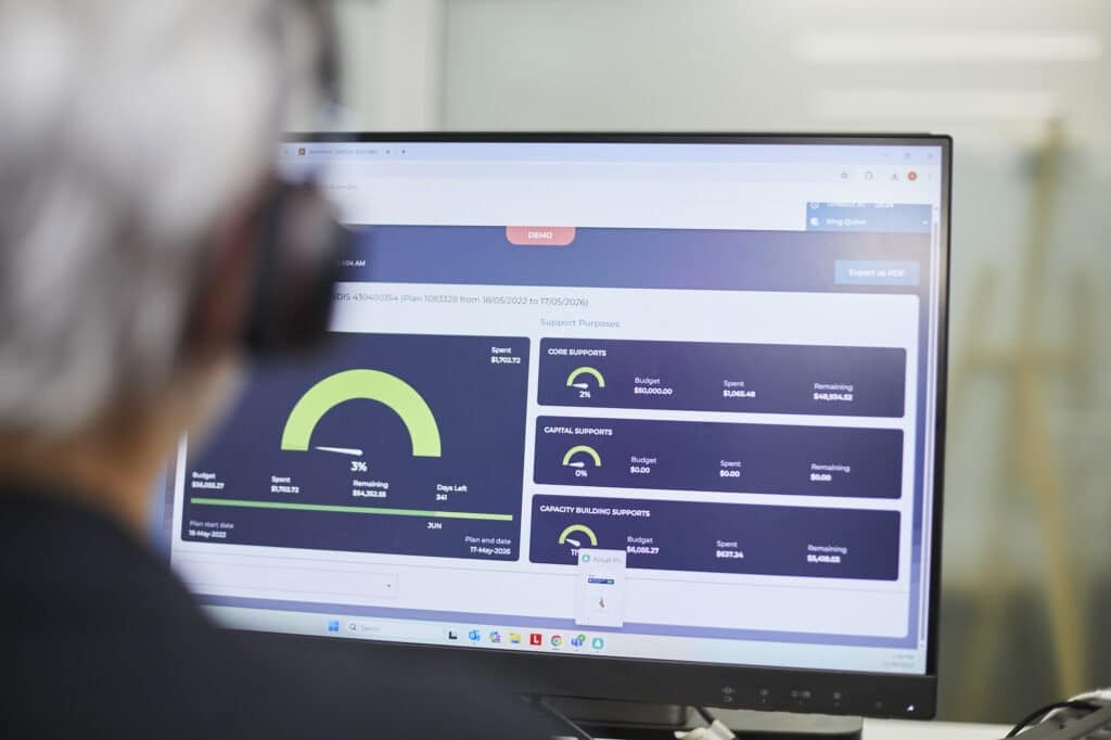 NDIS plan management dashboard showing Core, Capital and Capacity Building budgets with live spend tracking