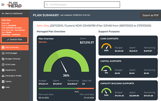 plan hero app dashborad showing participant's plan data