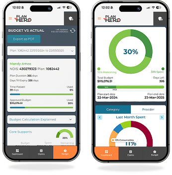 plan hero phone app showing the ndis plan dashboard of ndis participant