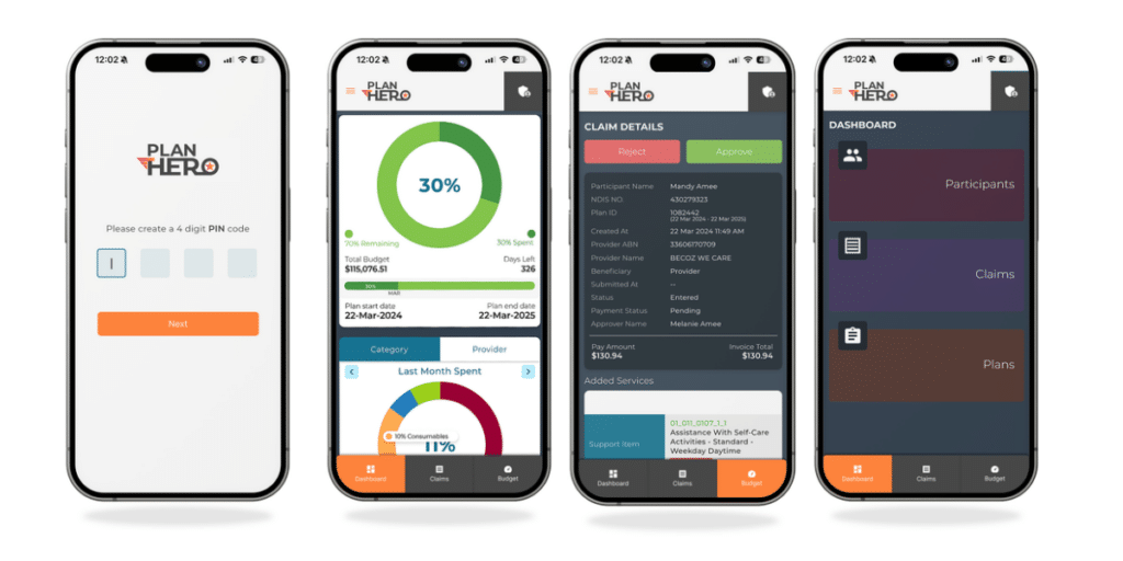 Plan Hero mobile app shown across four phone screens, including NDIS budget tracking, claims, plan details and dashboard features.