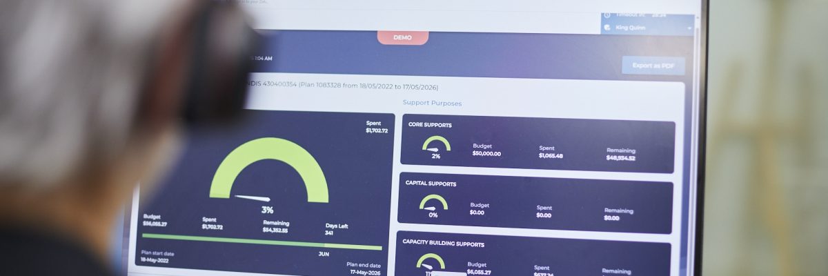 NDIS plan management dashboard showing Core, Capital and Capacity Building budgets with live spend tracking
