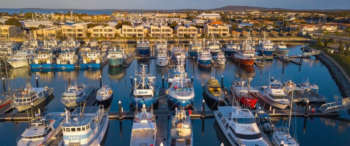 Aerial view of boats moored at the Port Lincoln Marina in Port Lincoln, South Australia.